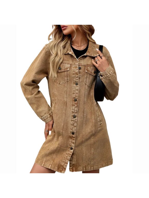 Karymi Solid Jean Jacket Women, Lapel Collar Button‑Down Long Sleeve Coat, Multi‑Pocket Mid‑Length Denim Outerwear