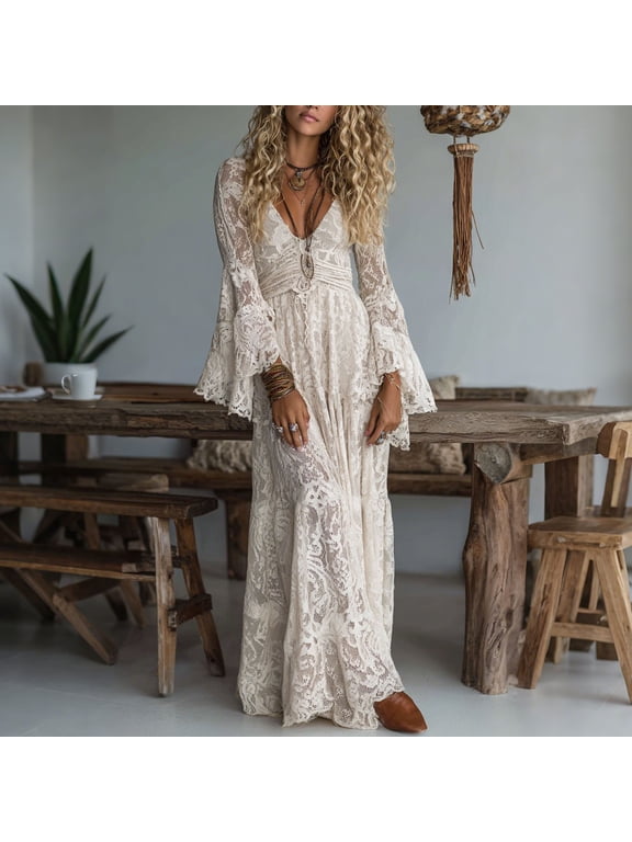 Solid Lace Boho Maxi Dress, Deep V Neck Flare Bell Long Sleeve Smocked Empire Waist Flowy Floor Length Wedding Guest Summer Dresses for Women 2026