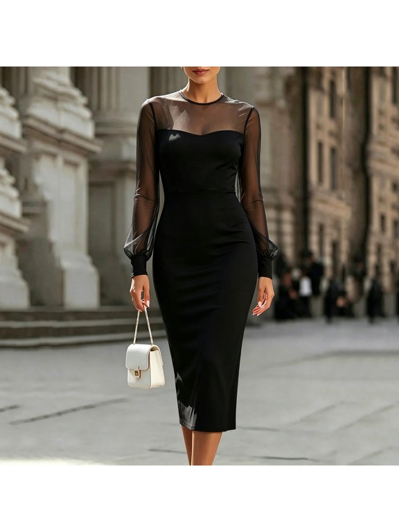 Solid Mesh Long Sleeve Bodycon Midi Dresses for Women, Sheer Mesh Splice Elegant Party Cocktail Dress