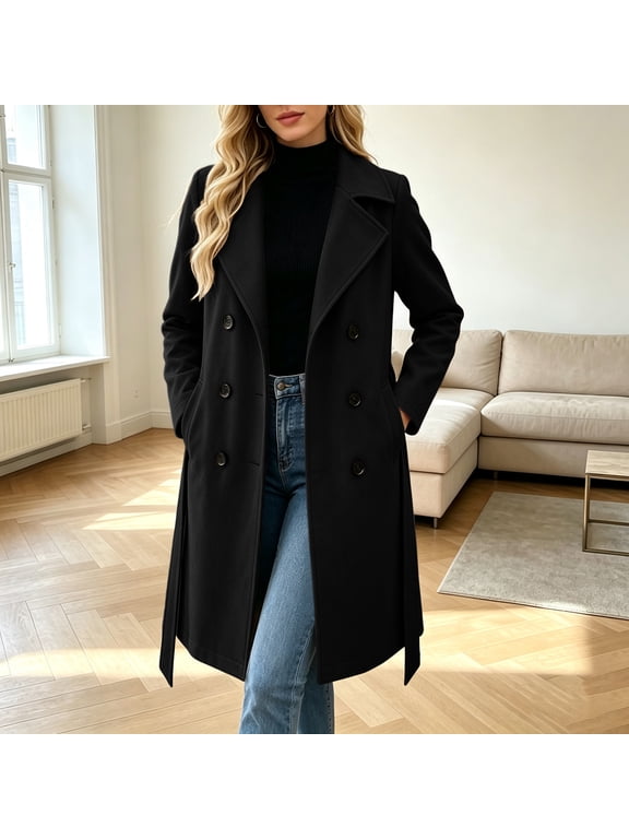 Solid Notched Lapel Double Breasted Belted Long Wool Blend Coats for Women, Long Sleeve Overcoat with Pockets for Fall Winter