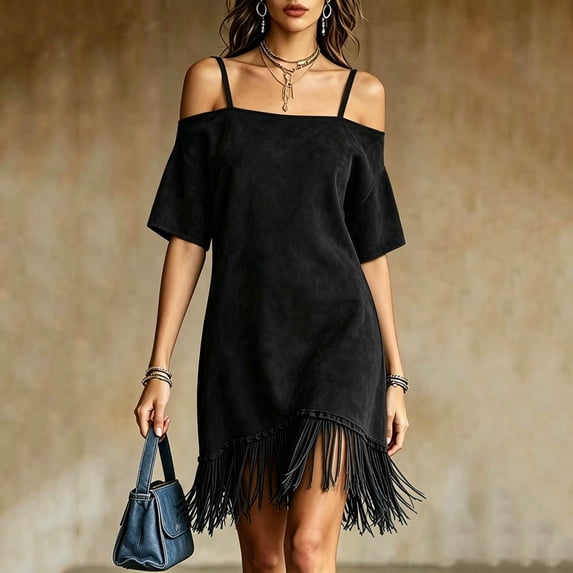 Karymi Solid Off Shoulder Spaghetti Strap Mini Dress, Short Flutter Sleeve Loose Tunic Fringe Hem Boho Western Casual Sundress Womens Dresses