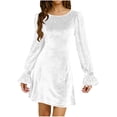 thumbnail image 1 of Karymi Solid Round Neck Velvet Mini Dress, Sequin Puff Long Sleeve Flare Cuff Slim Fit A-Line Holiday Party Evening Cocktail Dress Spring Dresses for Women, 1 of 7