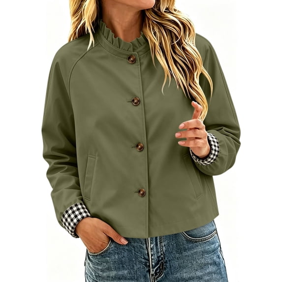 Karymi Solid Ruffle Stand Collar Button‑Down Jackets for Women, Long Sleeve Plaid Lining Cropped Casual Outerwear with Side Pockets