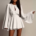 thumbnail image 1 of Karymi Solid Satin Romper Dress, Crew Neck Front Keyhole Cutout Bell Long Sleeve A-Line Mini Dress with Adjustable Self Tie Waist Layered Hem Easter Dresses for Women, 1 of 9
