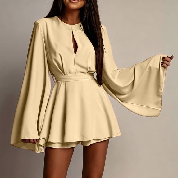 Karymi Solid Satin Romper Dress, Crew Neck Front Keyhole Cutout Bell Long Sleeve A-Line Mini Dress with Adjustable Self Tie Waist Layered Hem Summer Dresses for Women 2026