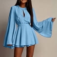 thumbnail image 1 of Karymi Solid Satin Romper Dress, Crew Neck Front Keyhole Cutout Bell Long Sleeve A-Line Mini Dress with Adjustable Self Tie Waist Layered Hem Wedding Guest Dresses for Women, 1 of 9