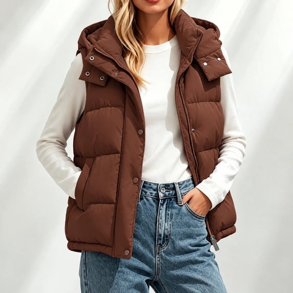 Zip Button Snap Karymi Solid Sleeveless Quilted Puffer Vest for Women, Detachable Hood ...