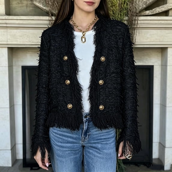 Karymi Solid Tweed‑Fringe Cropped Jackets for Women, V‑Neck Gold‑Button Long‑Sleeve Elegant Open‑Front Outerwear