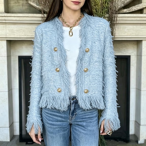 Karymi Solid Tweed‑Fringe Cropped Jackets for Women, V‑Neck Gold‑Button Long‑Sleeve Elegant Open‑Front Outerwear