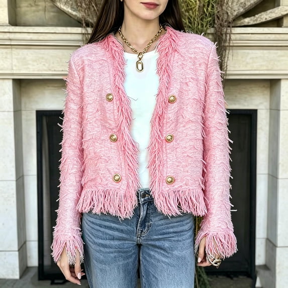 Karymi Solid Tweed‑Fringe Cropped Jackets for Women, V‑Neck Gold‑Button Long‑Sleeve Elegant Open‑Front Outerwear