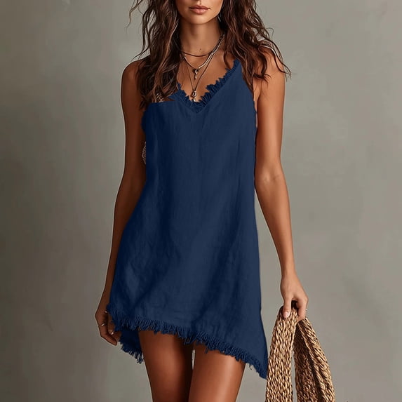 Karymi Solid V Neck Spaghetti Strap Mini Dress, Fringe Edge Irregular High Low Hem Beach Tunic Sundress Cocktail Dresses for Women