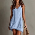 thumbnail image 1 of Karymi Solid V Neck Spaghetti Strap Mini Dress, Fringe Edge Irregular High Low Hem Beach Tunic Sundress Maxi Dresses for Women, 1 of 9