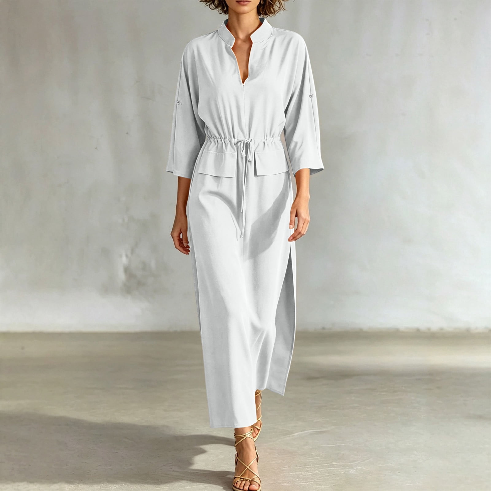 Karymi Solid V‑Notch Collar Midi Dresses for Women, 3/4 Roll‑Tab Sleeve ...