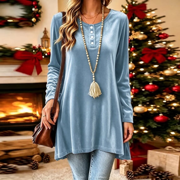 Karymi Solid Velvet Tunic Womens Tops, Crew Neck Half Button Long Sleeve Loose A-line Hem Pullover