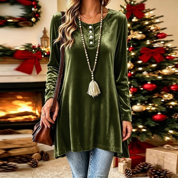 Karymi Solid Velvet Tunic Womens Tops, Crew Neck Half Button Long Sleeve Loose A-line Hem Pullover