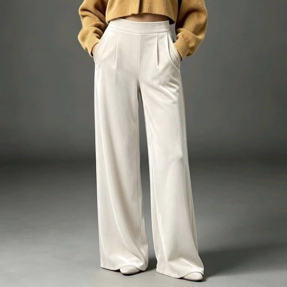 Karymi Solid Velvet Wide Leg Pants Woman, Elastic High Waist Pleated Full‑Length, Drapey Casual Pants with Side Pockets