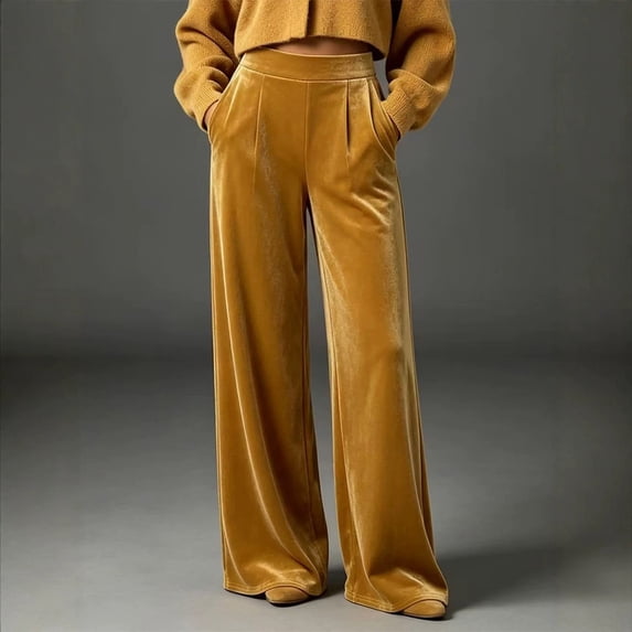 Karymi Solid Velvet Wide Leg Pants Woman, Elastic High Waist Pleated Full‑Length, Drapey Casual Pants with Side Pockets