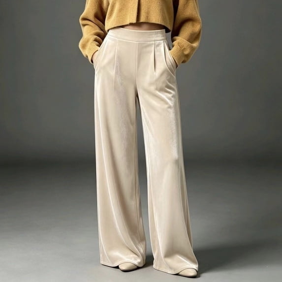 Karymi Solid Velvet Wide Leg Pants Woman, Elastic High Waist Pleated Full‑Length, Drapey Casual Pants with Side Pockets