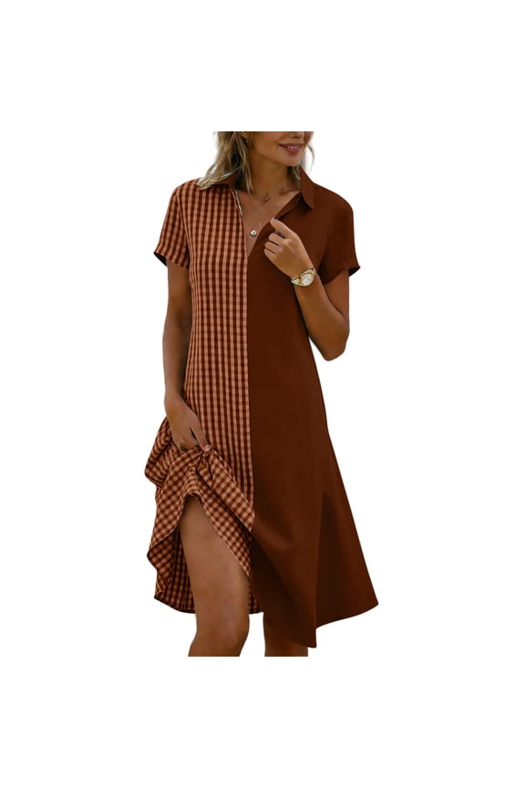 Spring Dresses Collared Lounge Mid-Length Plaid Print A-Line Lounge Loose Comfy Dress Flattering Patchwork Women Dresses Quick Dry Summer Dresses 2026