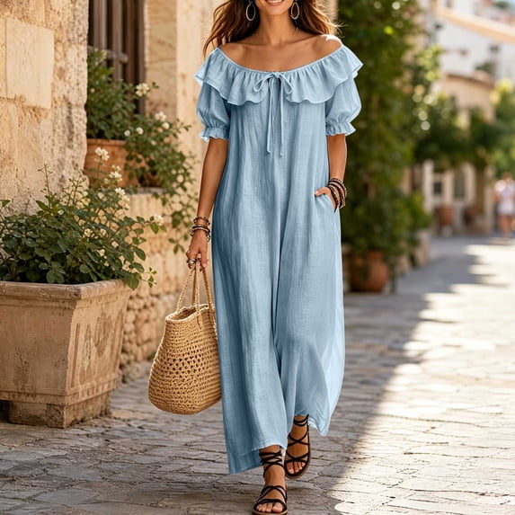 Karymi Spring Dresses Off Shoulder Ruffle Maxi Dress, Front Tie V Neck Puff Short Sleeve Loose Flowy Casual Vacation Sundress With Side Pockets Easter Dresses for Women 2026