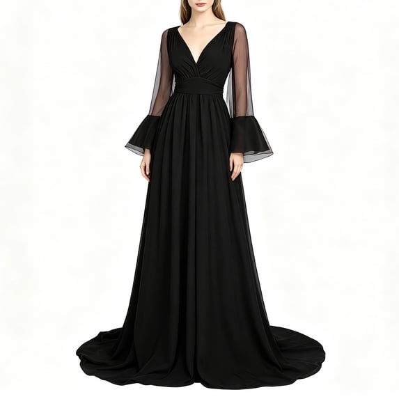 Karymi Spring Dresses V Neck Evening Gown, Long Bell Sleeve Formal Maxi Dress with Train, Waist Ruched Flowy Wedding Guest Bridesmaid Dress