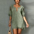 thumbnail image 1 of Karymi Spring Dresses for Women 2026 Boho Beach Vacation Tassel Mini Dress, Notch V Neck Cold Shoulder Cutout Short Sleeve Loose Shift Cover Up Dress Dresses for Women, 1 of 9