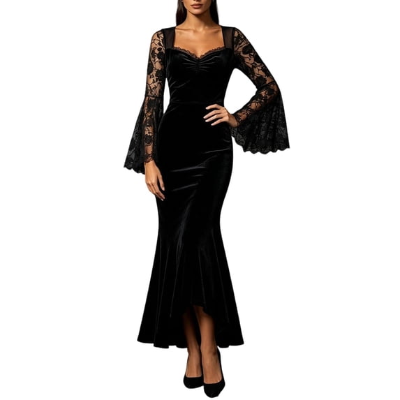 Karymi Spring Dresses for Women 2026 Elegant Black Velvet Lace Mermaid Dress, Sweetheart V Neck Flared Bell Sleeve High Low Hem, Wedding Guest Cocktail Party Long Dress