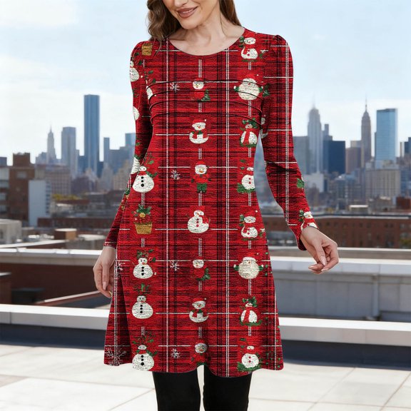Karymi Spring Dresses for Women Christmas Print A Line Tunic Dress, Crew Neck Bust Ruched Long Sleeve Loose Flare Mini Dress With Side Pockets Holiday Casual Dress Summer Dress