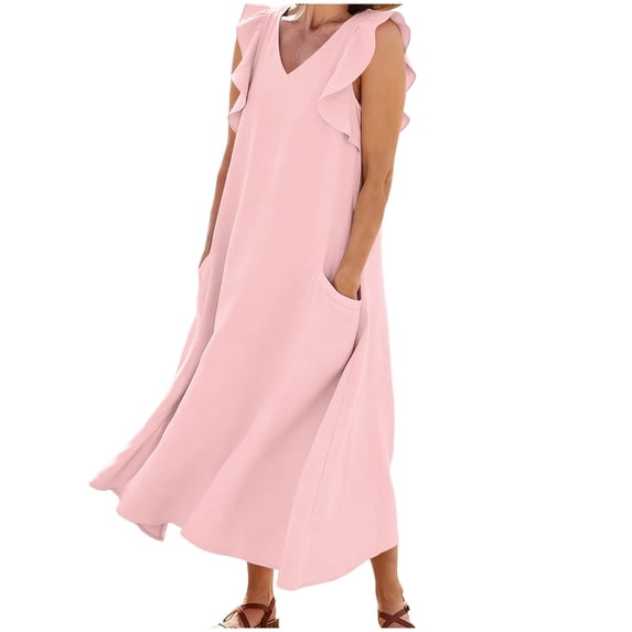 Karymi Spring Dresses for Women Fake Cotton Linen Sleeveless Maxi Dress, V-Neck Ruffle Strap Loose A-Line Swing Dress with Pockets, Casual Solid Flowy Dress Easter Dresses for Women