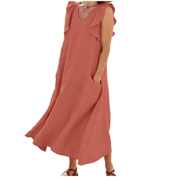 Karymi Spring Dresses for Women Fake Cotton Linen Sleeveless Maxi Dress, V-Neck Ruffle Strap Loose A-Line Swing Dress with Pockets, Casual Solid Flowy Dress Wedding Guest Dresses for Women
