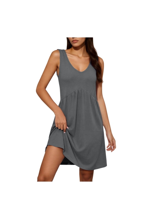 Spring Dresses for Women V-Neck Lounge Cocktail-Length Solid Tank Loose Comfy Tank Dress with Wrinkles Minimalist Lounge Women Dresses for Daily Wear 2026