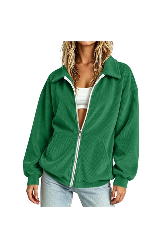 Karymi Spring Jackets for Women Corduroy Zip Up Jacket, Collared Long Sleeve Casual Coat with Side Pockets, Solid Vertical Ribbed Outerwear Rain Jacket Women