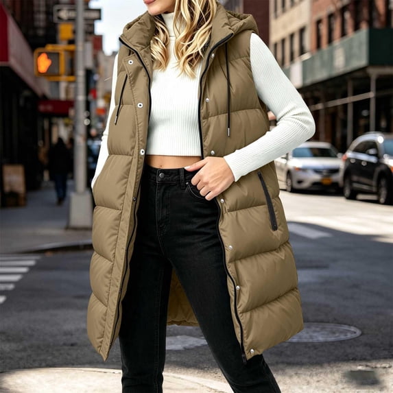 Karymi Plus Size Tops for Women Solid Long Hooded Puffer Vest, Sleeveless Drawstring Collar Zip Up Snap Button Quilted Waistcoat, Warm Cotton Coat with Side Pockets