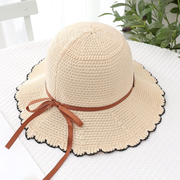 Karymi Straw Hat Crochet Lace Sun Hat with Bow, Wide Brim Protection Sun Scalloped Edge Bucket Hat, Foldable Breathable Outdoor Sun Cap Kentucky Derby Hats for Women