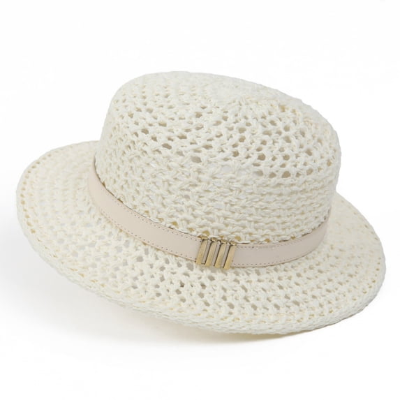 Karymi Straw Hat Hollow Crochet Knit Flat Top Short Brim Straw Fedora Hat with Natural Jute Rope Band Sun Hat, Vintage French Style Beach Hat Trucker Hat