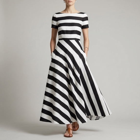 Karymi Stripe Boat Neck Short Sleeve Midi Dress, Vertical & Diagonal Stripe Patchwork Side Pockets Flowy A-Line Casual Sundress Womens Dresses