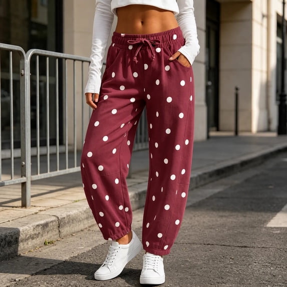 Karymi Polka Dot Print Jogger Pants for Women, Elastic Waist with Drawstring, Casual Trousers with Side Pockets
