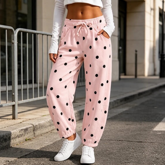 Karymi Polka Dot Print Jogger Pants for Women, Elastic Waist with Drawstring, Casual Trousers with Side Pockets