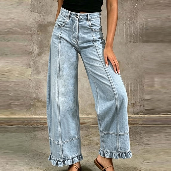 Karymi High Waist Wide Leg Jeans for Women, Denim Pants with Stitch Panel and Ruffle Hem, Casual Cropped Barrel Trousers with Pockets