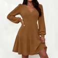 thumbnail image 1 of Karymi Summer Dress Brushed Ribbed Knit Mini Dress Deep V Neck Lantern Long Sleeve High Waist Flared Ruffle Hem Casual Fall Short Dress, 1 of 8