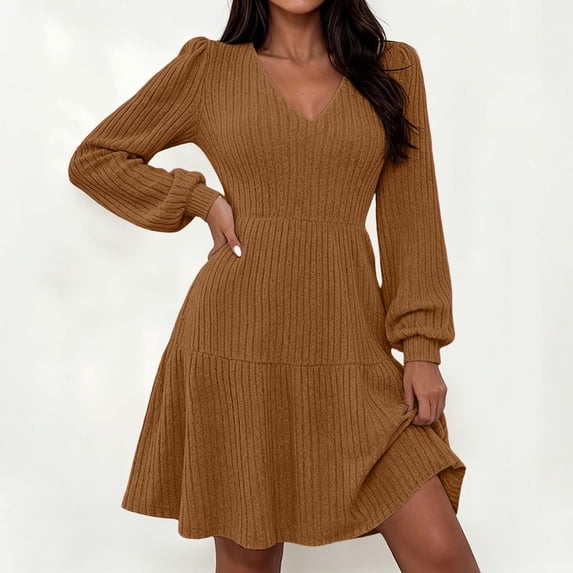 Karymi Summer Dress Brushed Ribbed Knit Mini Dress Deep V Neck Lantern Long Sleeve High Waist Flared Ruffle Hem Casual Fall Short Dress