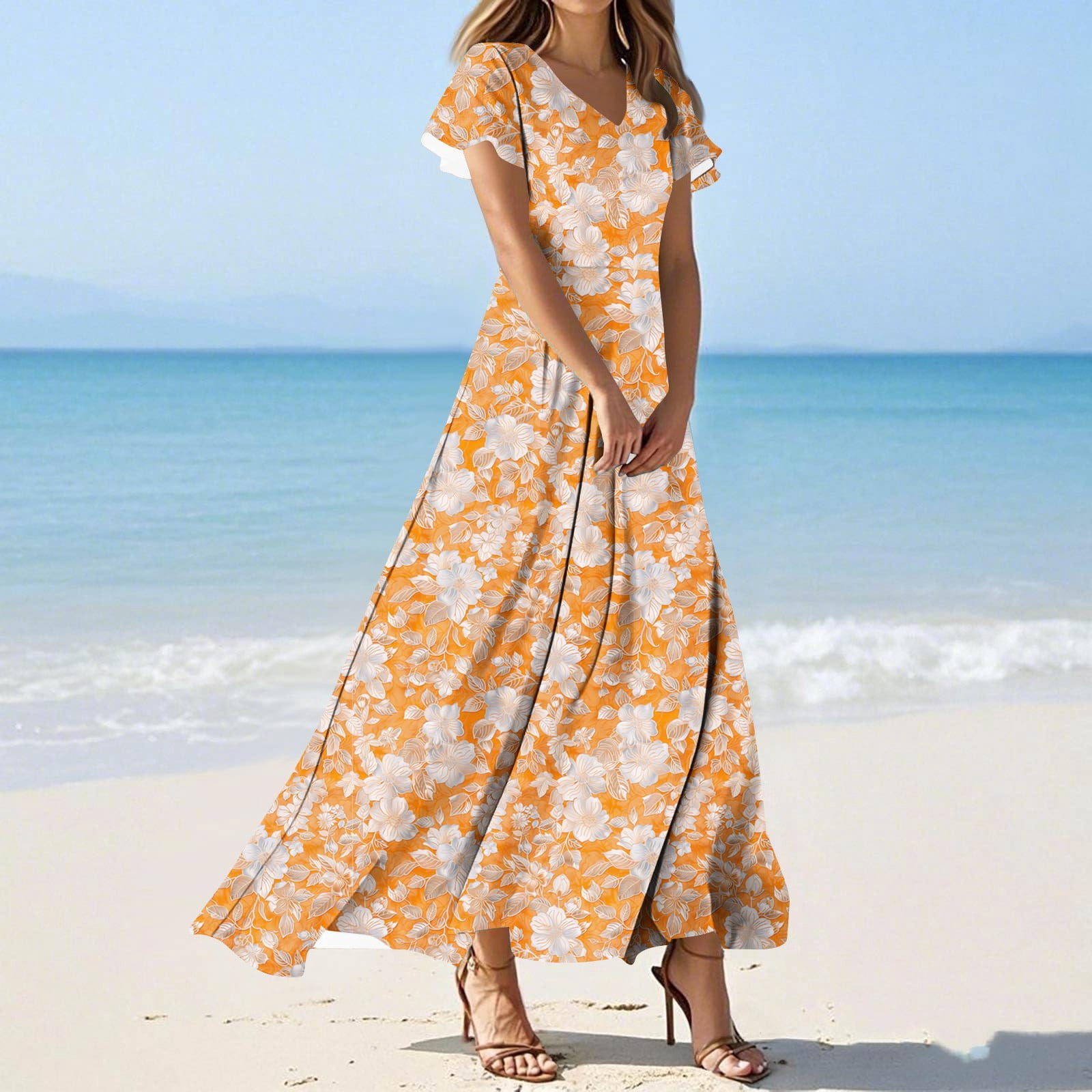 summer beach floral dress Karymi Print V Neck Maxi Dress, Short Sleeve A-Line Casual Long Dress for Party Vacation, Plus Size Summer Dresses for Women 2026 Black Tie Wedding Guest Featuring vibrant watercolor Colour:Silver Collection:Under The Sea