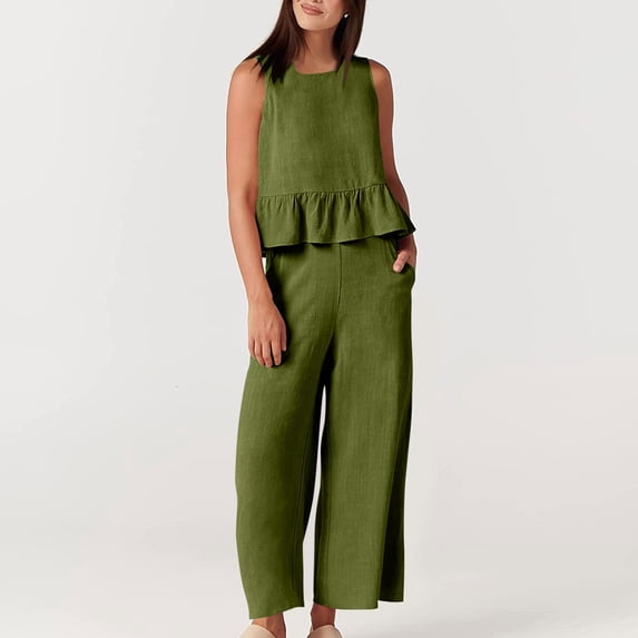 Karymi Summer Outfits 2 Piece Outfit, Round Neck Sleeveless Ruffle Hem Crop Tank Top & High Waist Wide Leg Cropped Pants, Solid Casual Set Vacation Outfits for Women