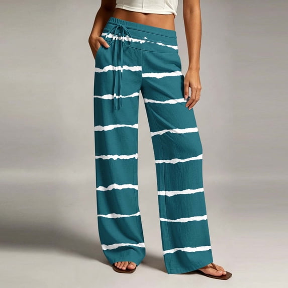 Karymi Summer Outfits Irregular Horizontal Striped Straight Leg Long Pants, Drawstring High Waist Decor Tie Front Trousers with Side Pockets Biker Shorts Women