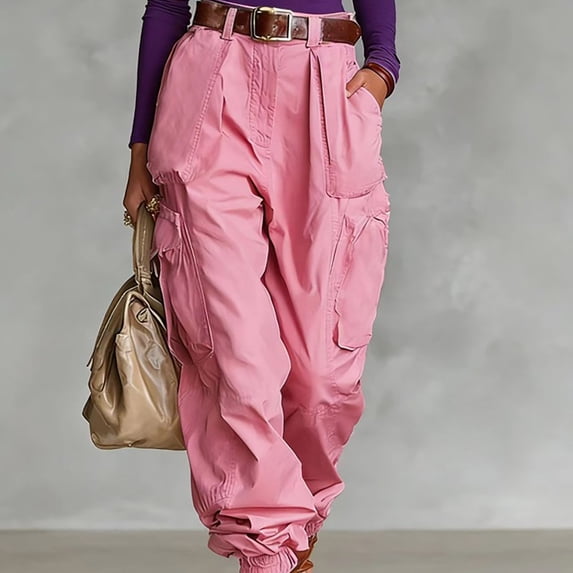 Karymi Summer Outfits Pleated Cargo Jogger Pants, Solid Wide Leg Long Trousers, Multi Large Flap Side Pockets, Elastic Cuffed Ankle Hem (Belt Not Included) Women Clothing