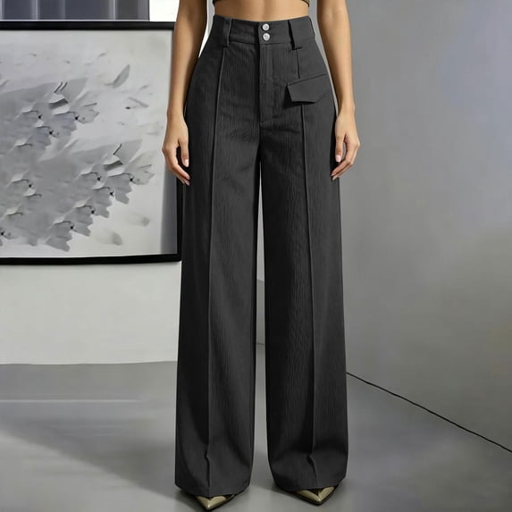 Karymi Summer Outfits Pleated Wide Leg Suit Pants, Double Button High Waist Full Length Draped Trousers, Decorative Flap Pocket Workout Shorts Women