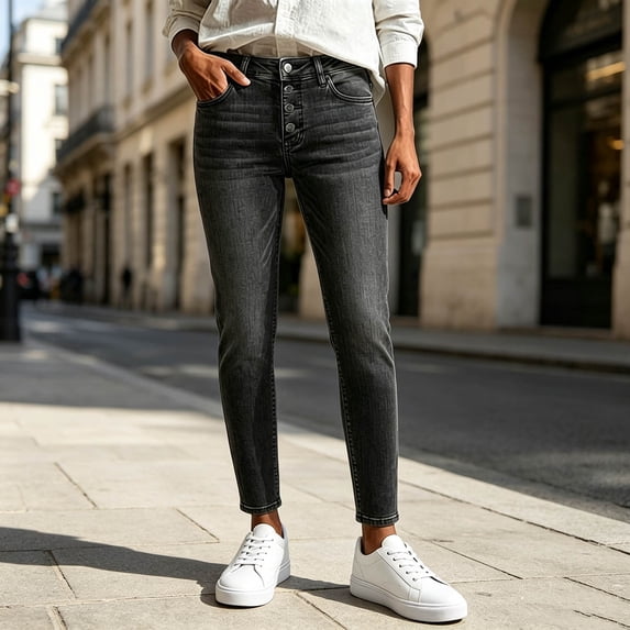 Karymi Summer Outfits Thick Denim Jeans, High Waist Four Button Fly Closure Straight Long Pants, Full Length Denim Trousers with Side Front Pockets Pants for Women