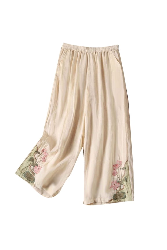 Summer Pants Trendy Wide-Leg Solid Long Cotton Linen Fabric Loose Palazzo Pants Skin-Friendly Casual Trousers with Pockets Soft String Pants