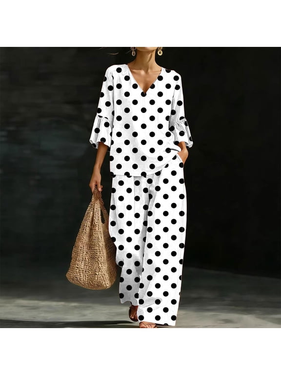 Summer Sets for Women Polka Dot 2 Piece Set, V Neck Three Quarter Sleeve Loose Top & Wide Leg Long Pants with Side Pocket, Casual Matching Co-ord Womens T Shirts