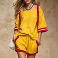 thumbnail image 1 of Karymi Summer Sets for Women Tracksuit 2 Piece Outfit, Contrast Off Shoulder Short Sleeve Striped Cuff Baot Neck Top & Elastic Drawstring Waist Side Trim Shorts Rompers for Women, 1 of 7